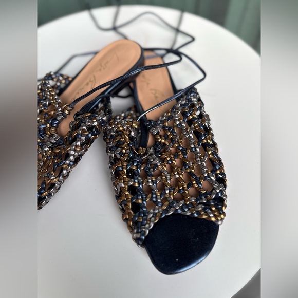 Luiza Barcelos Metallic Woven Lace-Up Sandals Navy Blue Gold Silver Size 8 - Picture 5 of 9